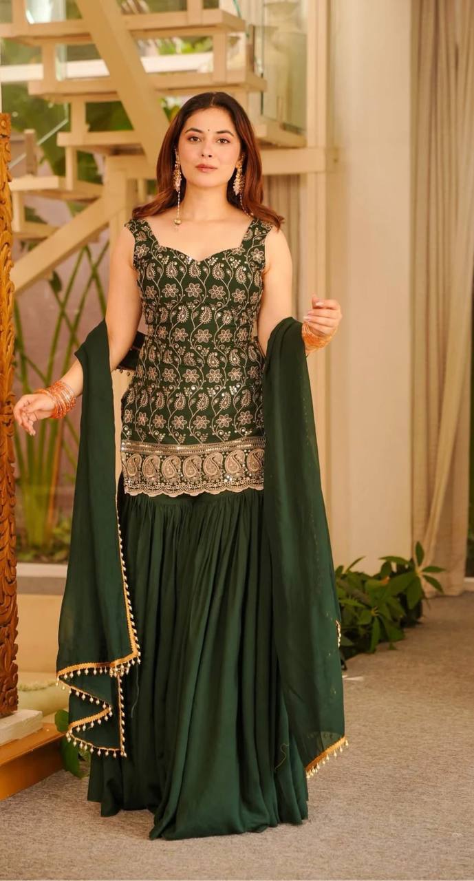 Deep Ruby Floral-Embroidered Silk Set